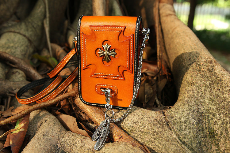 Leather Crossbody Phone Bag with Gothic Cross Hardware