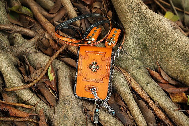 Leather Crossbody Phone Bag with Gothic Cross Hardware