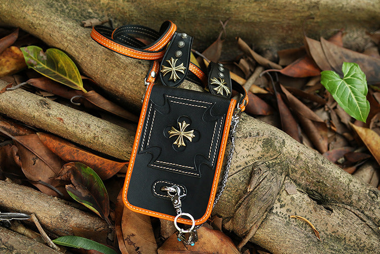 Leather Crossbody Phone Bag with Gothic Cross Hardware