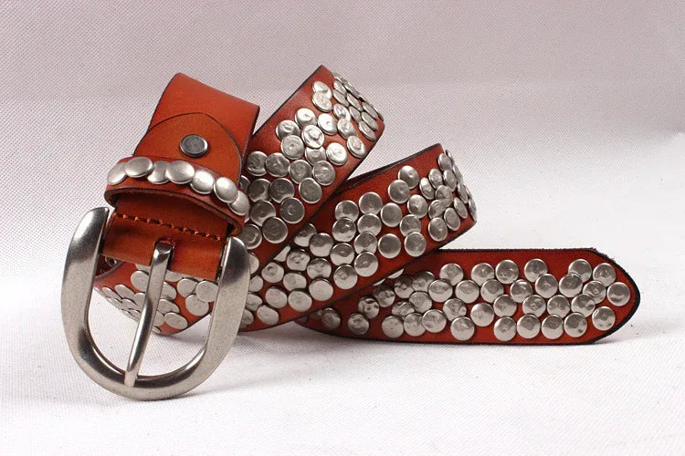 Unisex Studded Leather Belt with Silver Flat Rivets