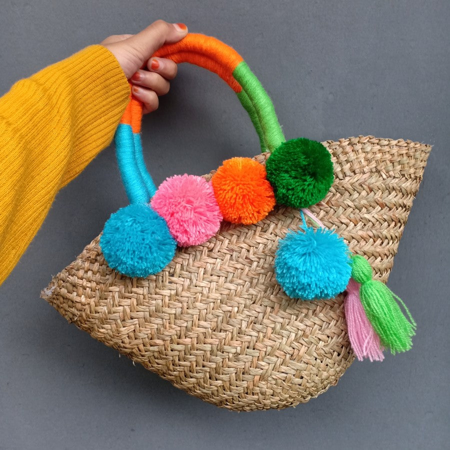 Woven Mendong Tote Bag with Pompoms