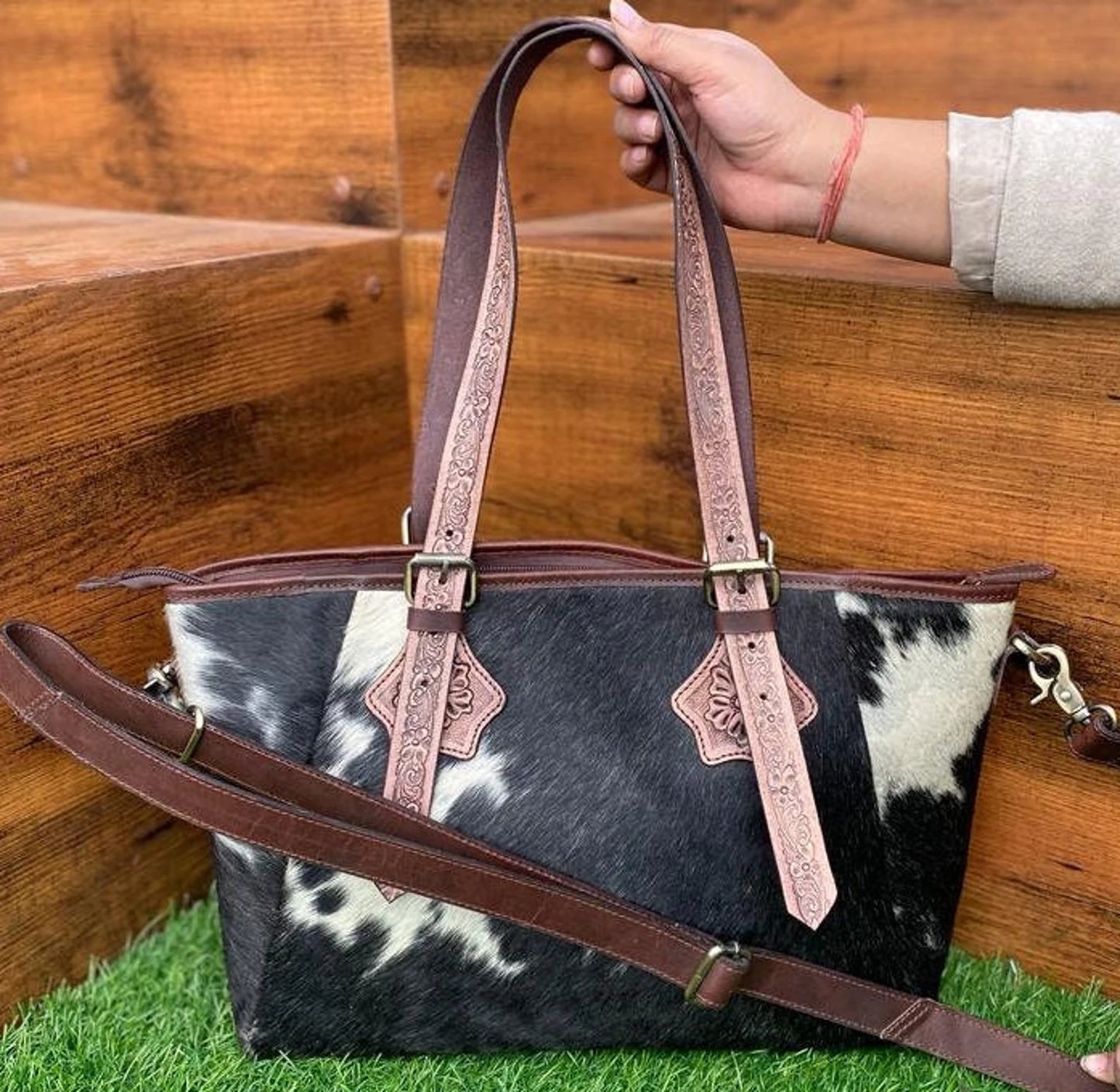 Cowhide Tote Bag Tooled Leather
