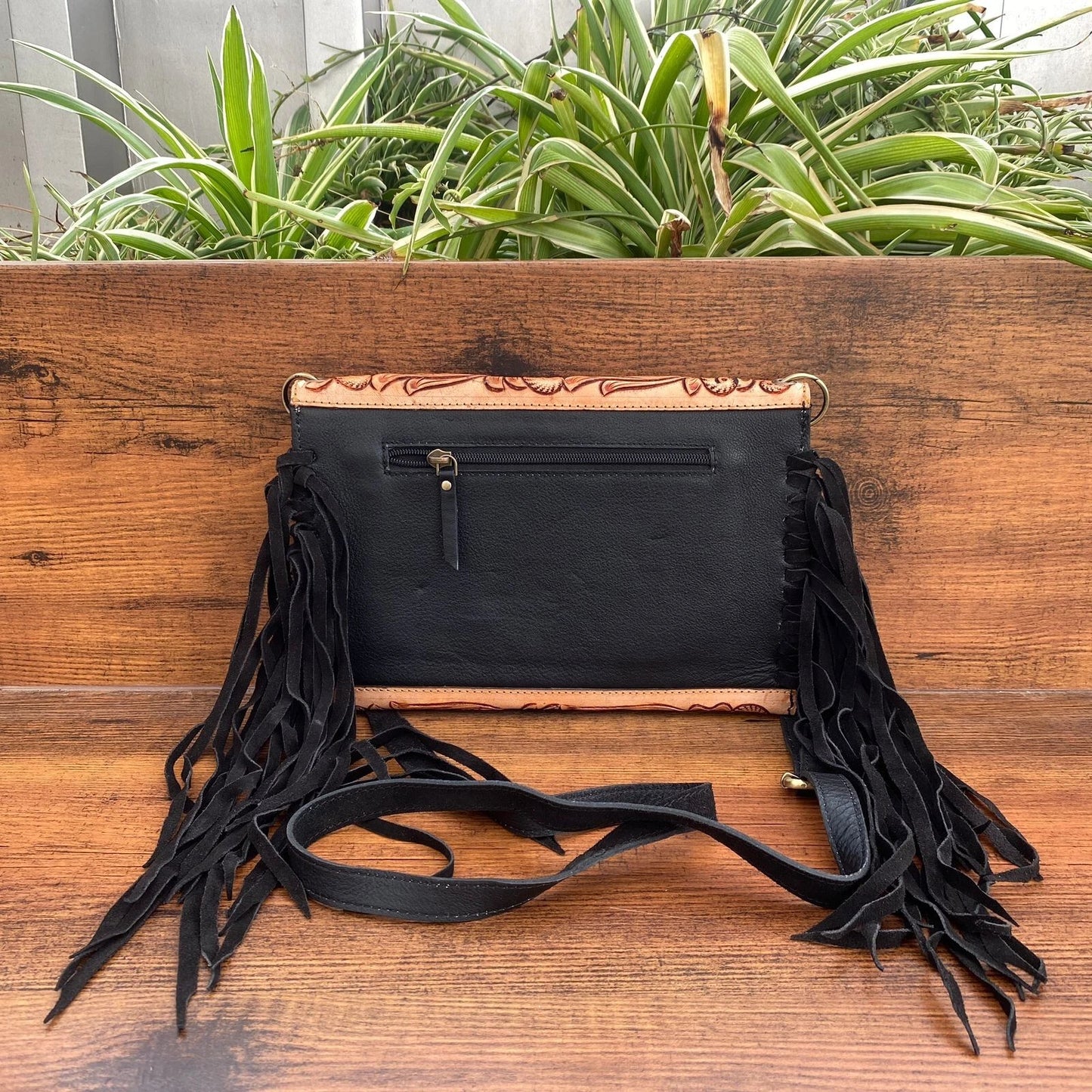 Western Tooled Leather Crossbody Purse with Fringes