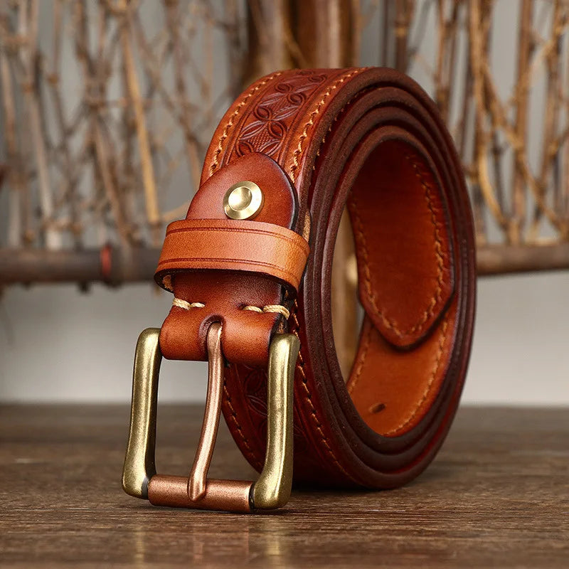 Genuine Leather Belt for Men Vintage Brass Buckle