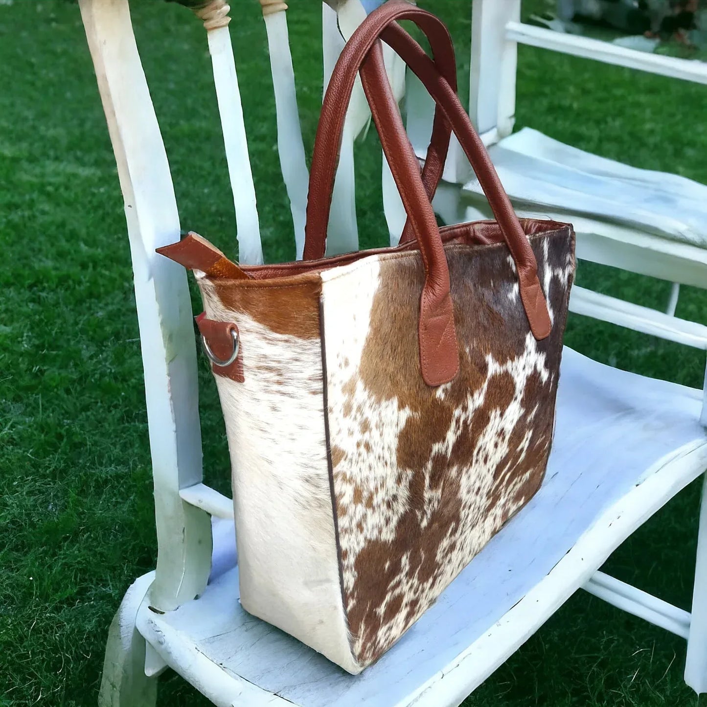 Cowhide Purse Tote Speckled Brown White