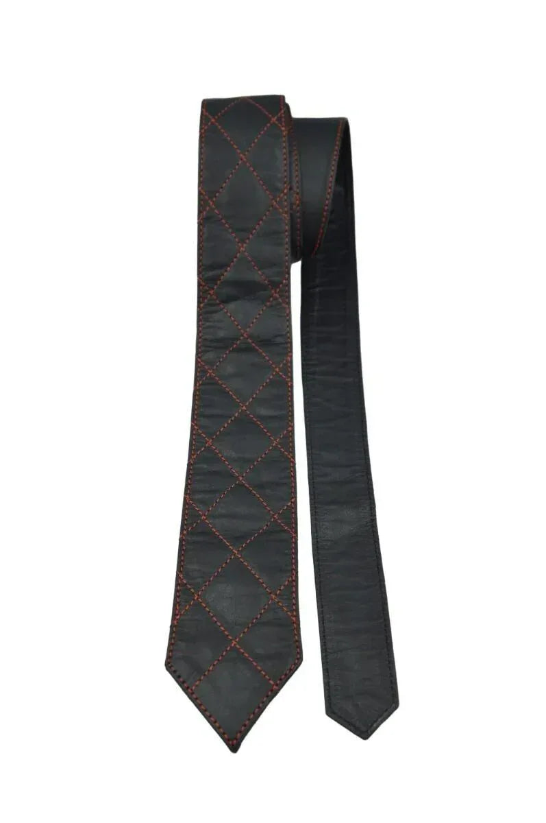 Genuine Leather Quilted Tie Red Stitching