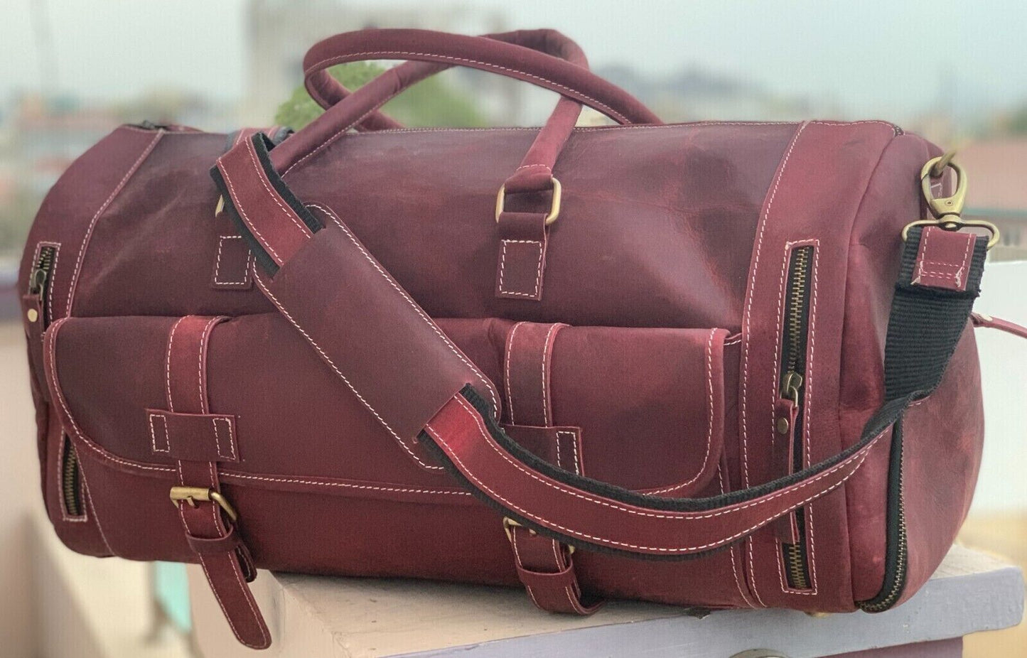 Red Maroon Leather Weekender Bag