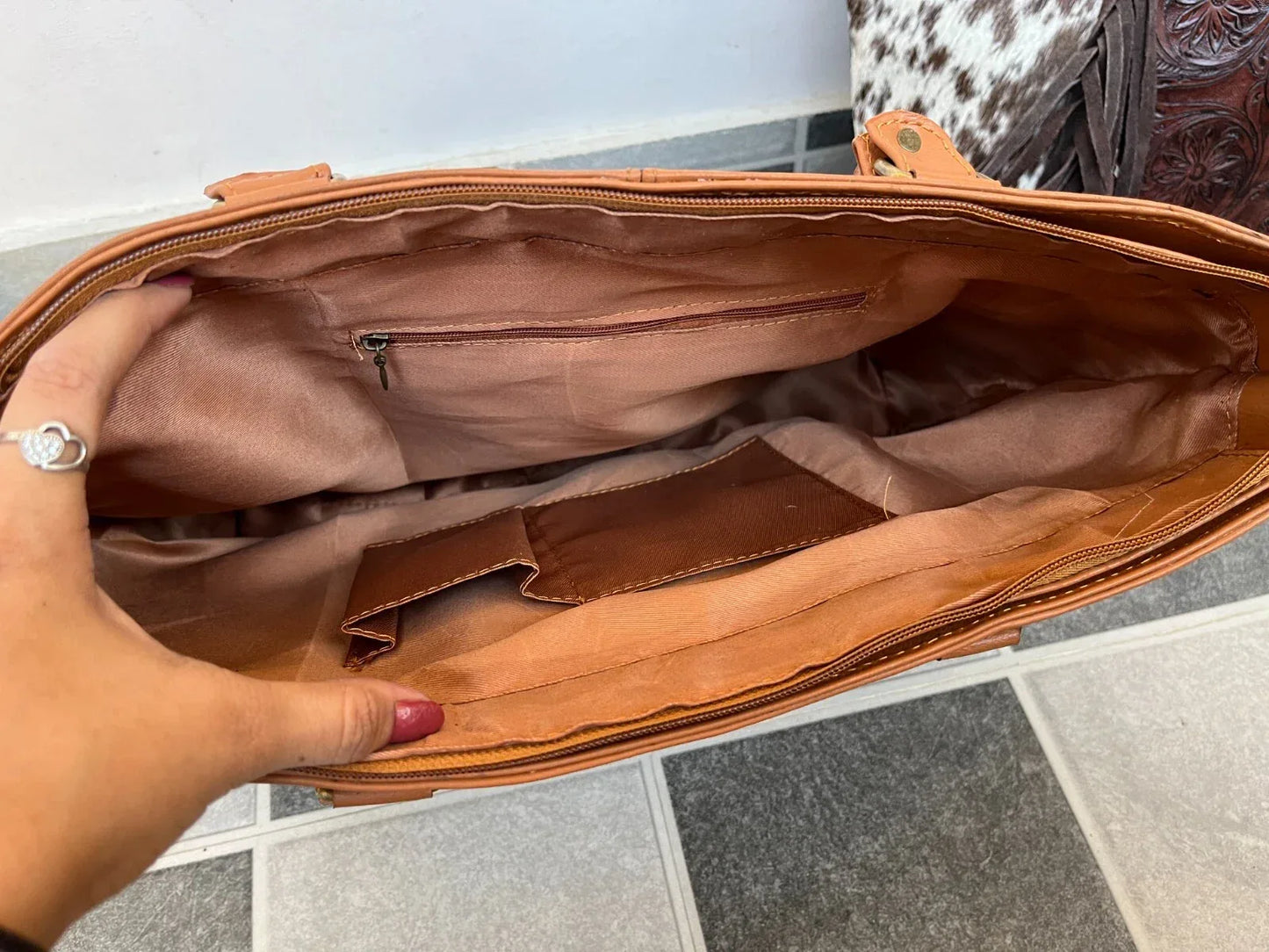 Cowhide Tooled Leather Handbag Fringe