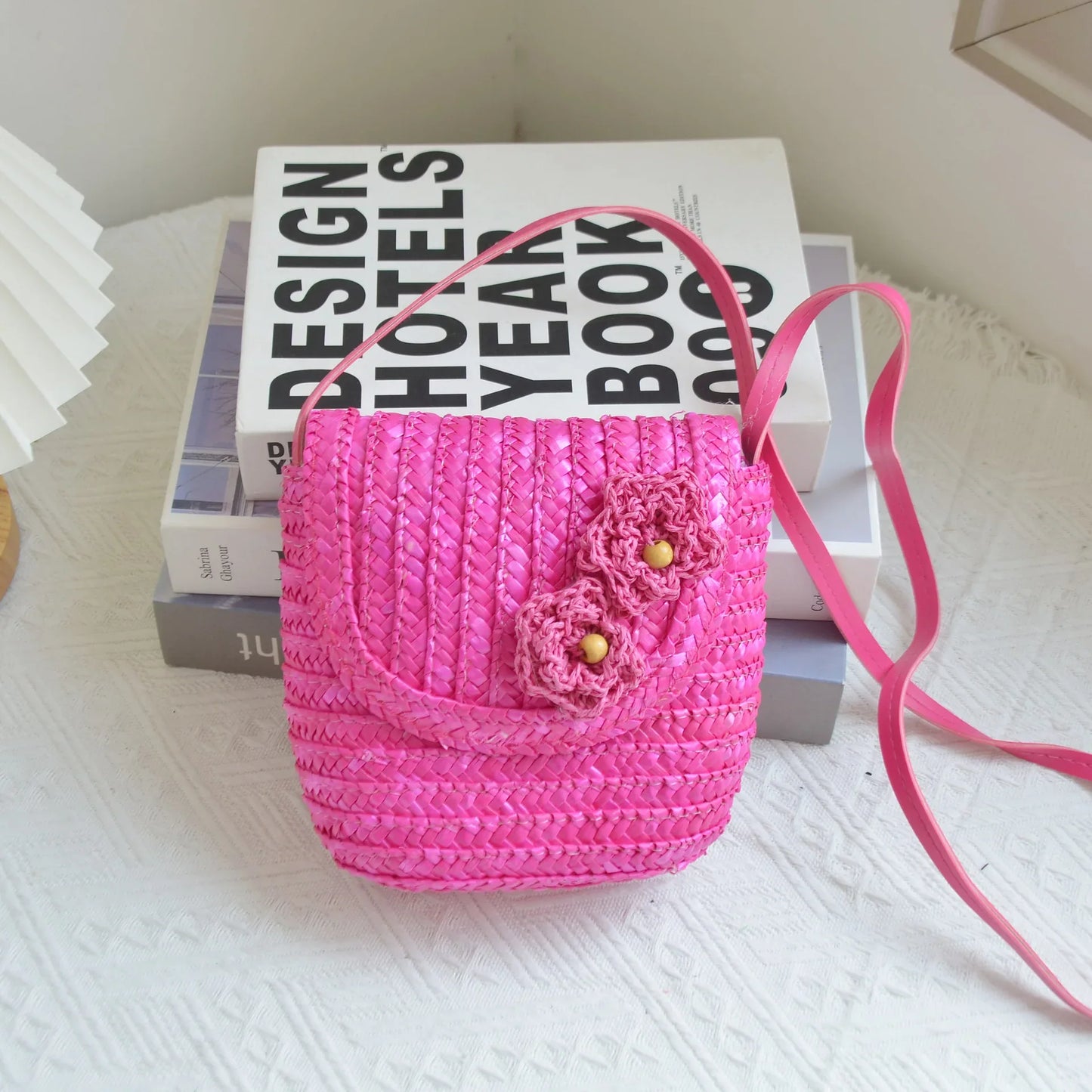 Crossbody Straw Bags For Kids Solid Pink Bow