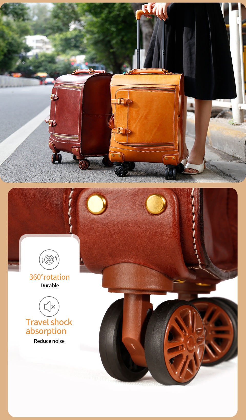 Leather Carry On Suitcase Trolley Case with Spinner Wheels