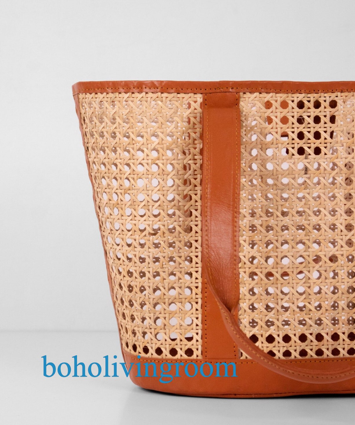 Boho Rattan Leather Tote Bag