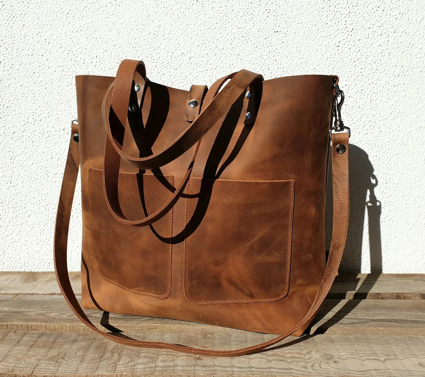 Large brown pull up leather tote bag