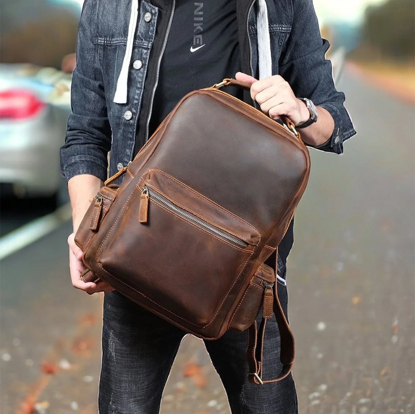 mens leather backpack travel