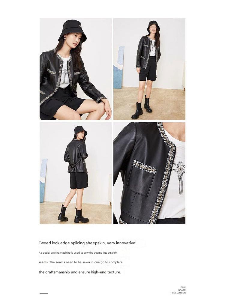 Women’s Leather Jacket with Chain Trim and Tweed Edge