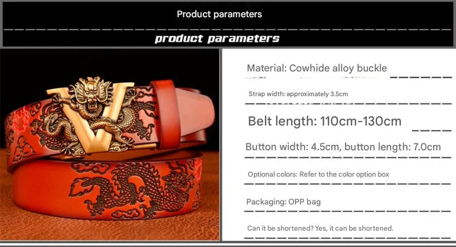 Men’s Genuine Cowhide Leather Belt with Double Dragon Oval Buckle
