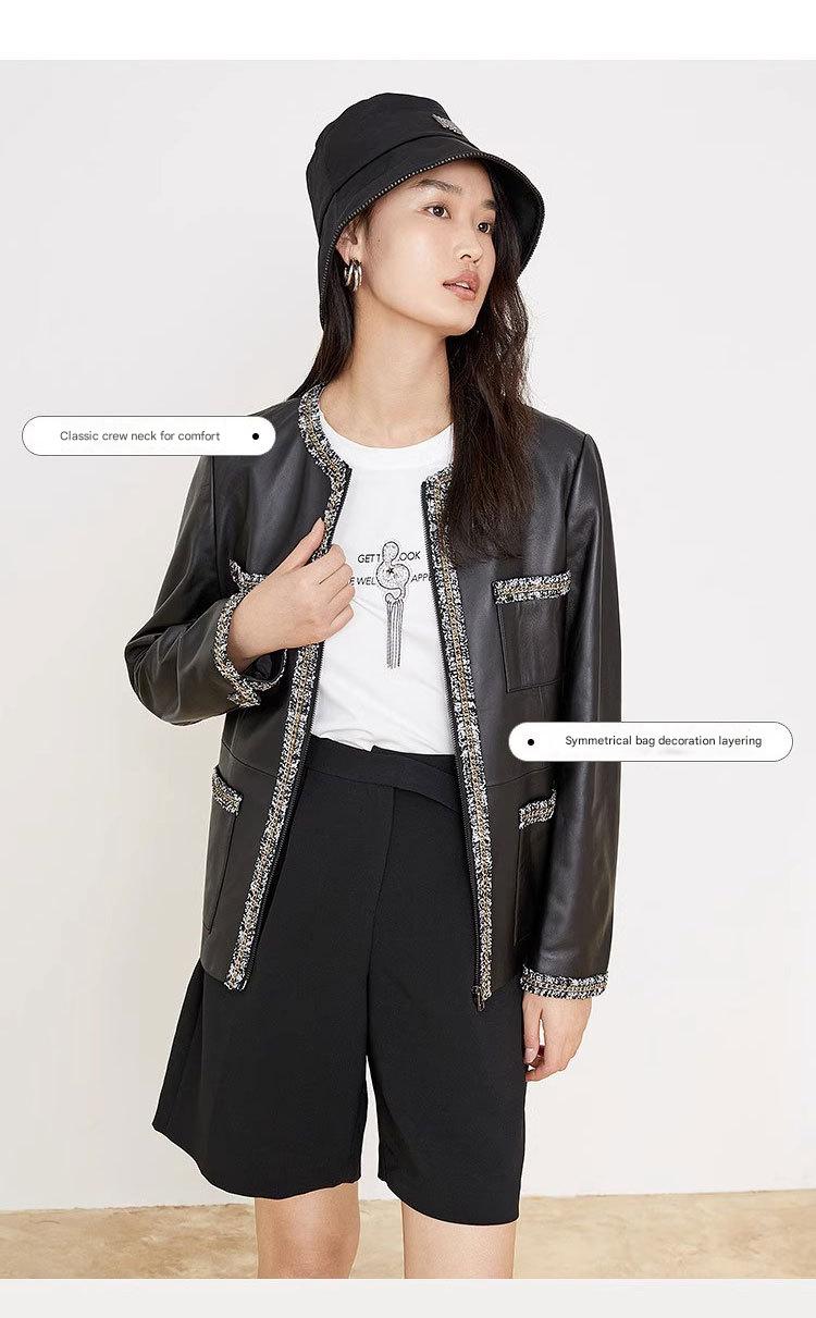 Women’s Leather Jacket with Chain Trim and Tweed Edge