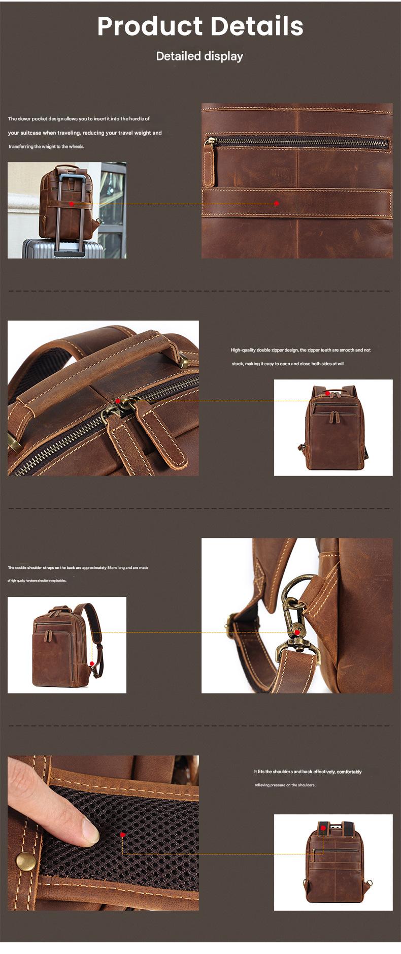 Men’s Leather Backpack with Trolley Sleeve 15.6-Inch Laptop