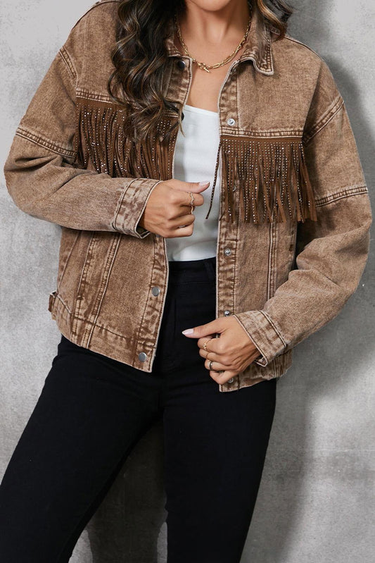 Western-Inspired Brown Denim Jacket with Tassel