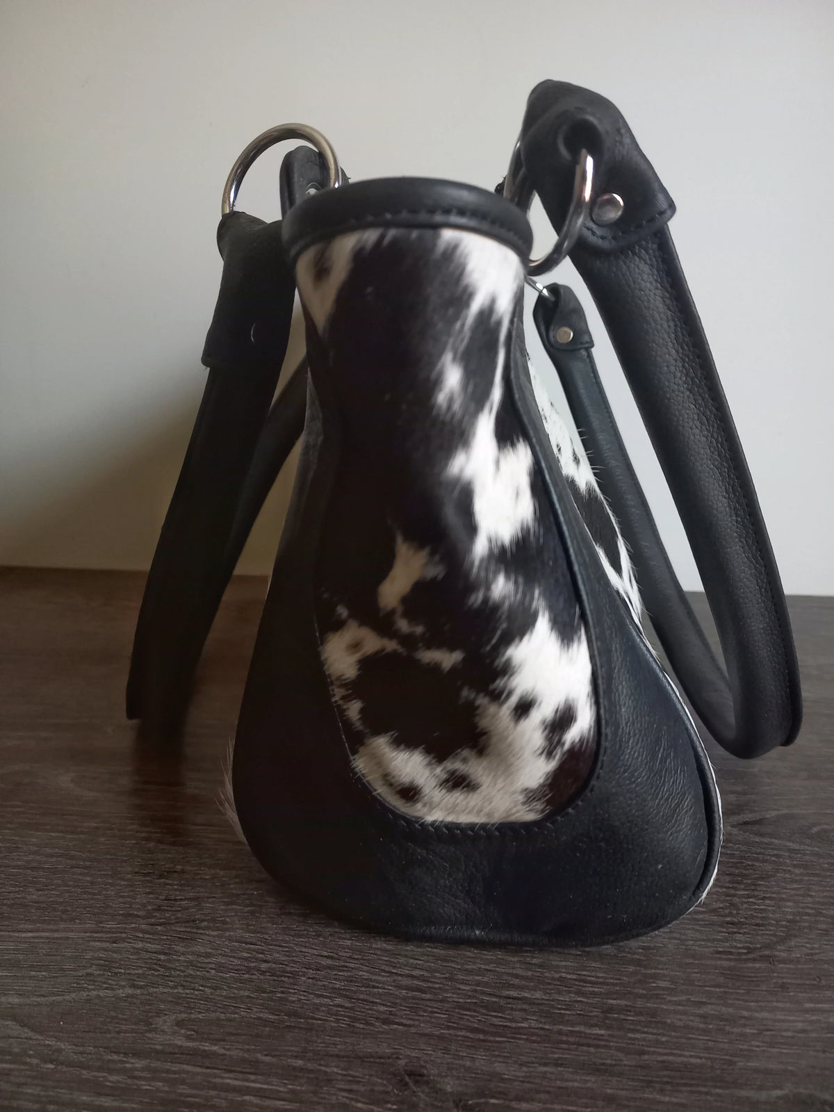 Black and White Cowhide Purse With Leather Handles