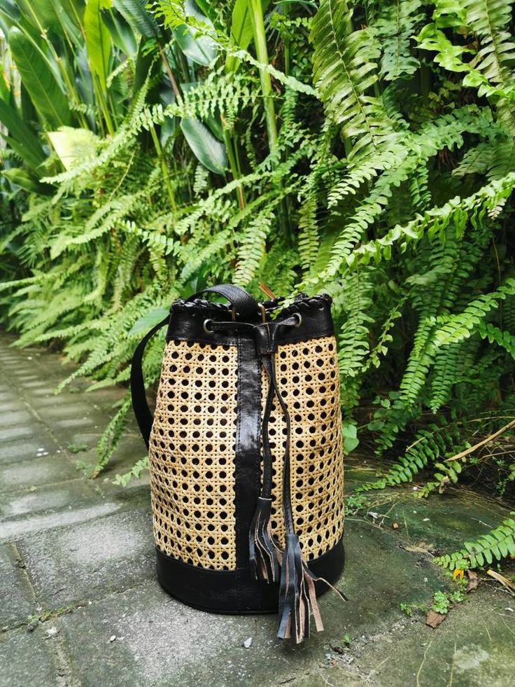 Handmade Rattan Leather Boho Drawstring Backpack Purse