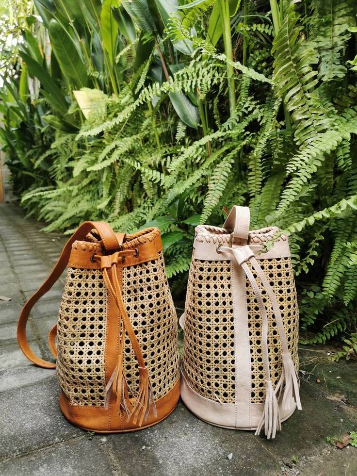 Handmade Rattan Leather Boho Drawstring Backpack Purse
