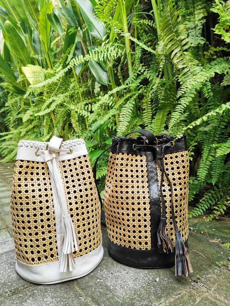 Handmade Rattan Leather Boho Drawstring Backpack Purse
