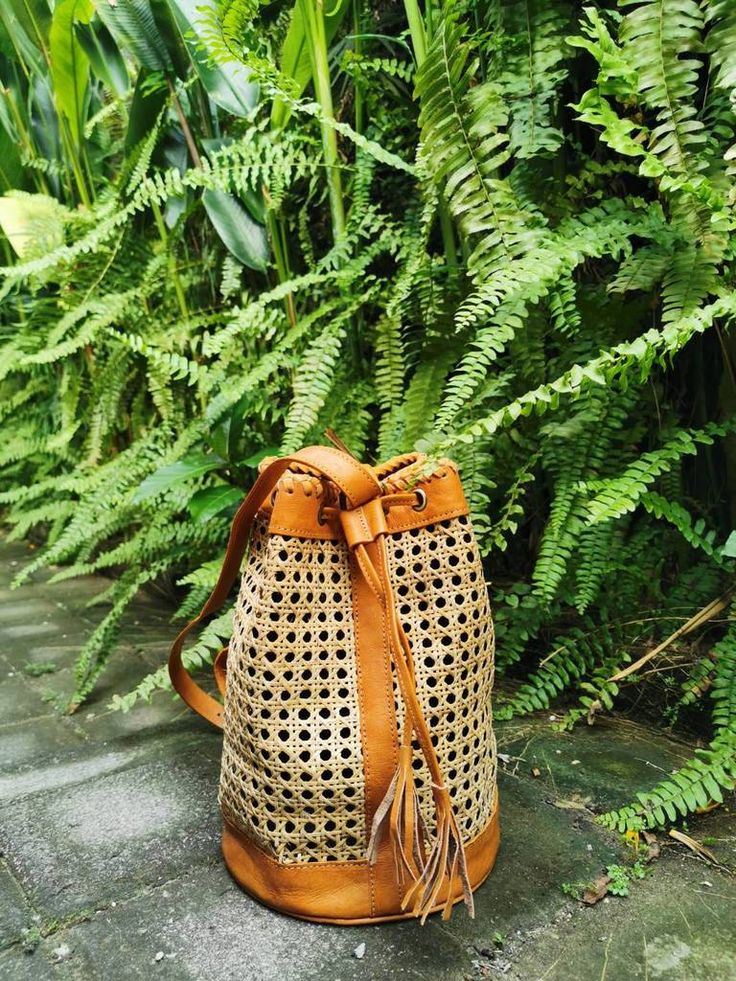 Handmade Rattan Leather Boho Drawstring Backpack Purse