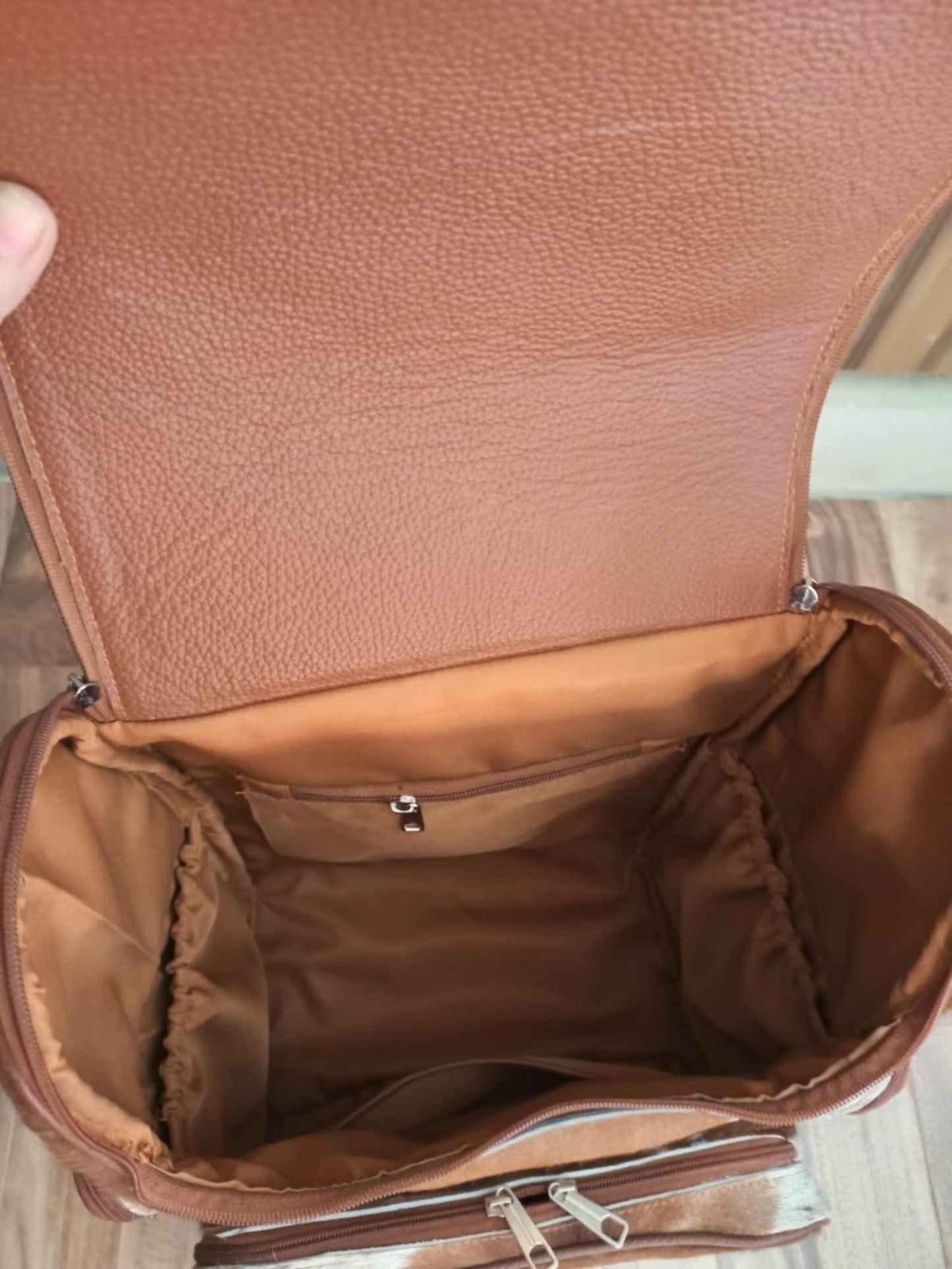 Cowhide Skin Tan White Backpack Bag