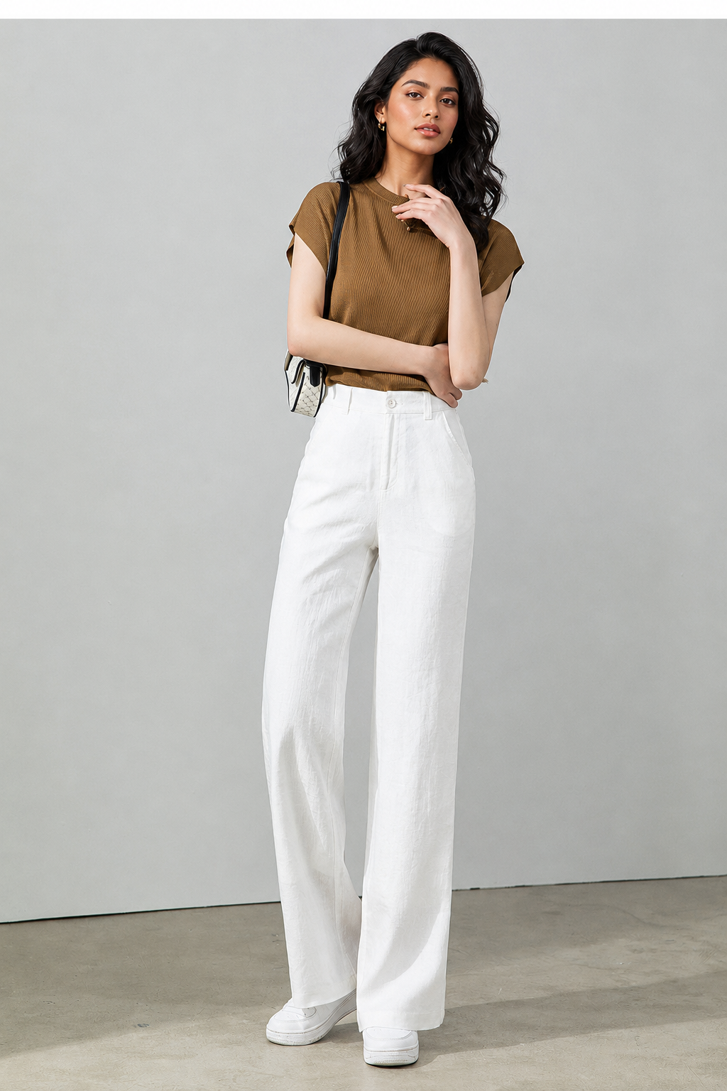 High waisted white linen wide leg pants