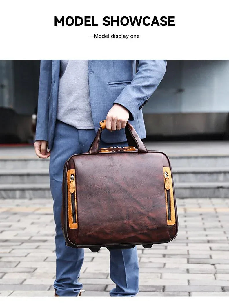 Real Leather Trolley Suitcase Carry-On with Wheels