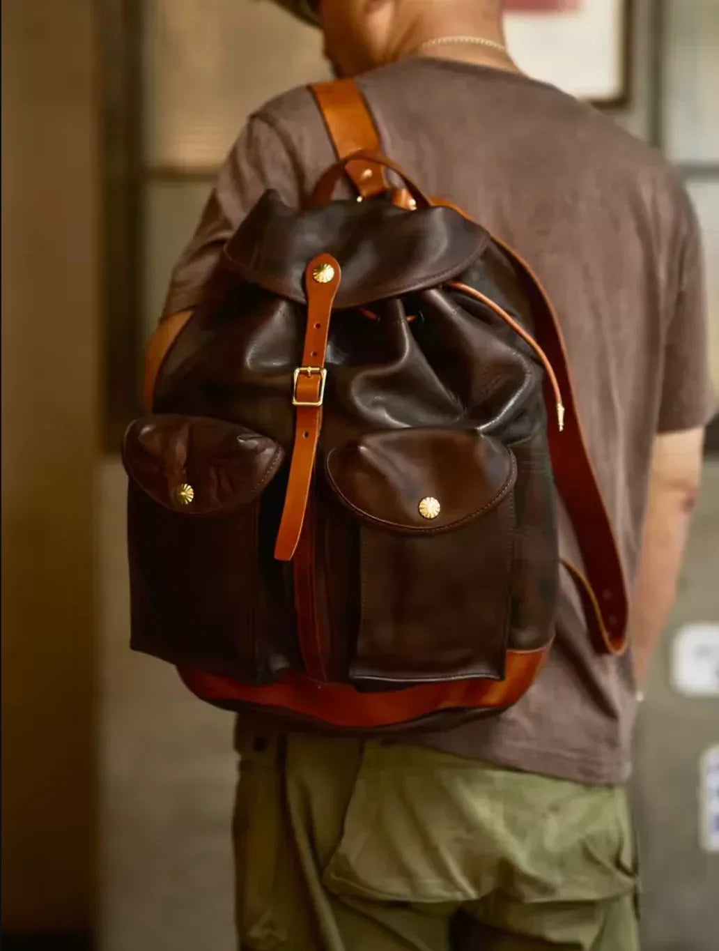 Men’s Vintage Brown Leather Backpack with Front Pockets