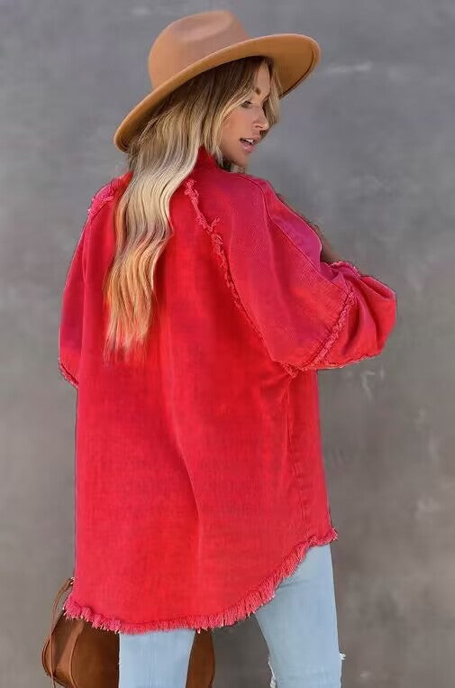 Oversized Denim Long Jacket Women Frayed Hem