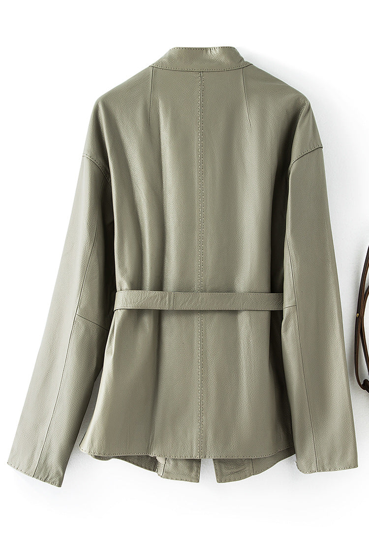 Women Leather Jacket Lychee Grain Belted Short Coat