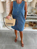 Sleeveless Denim Dress with Floral Embroidery