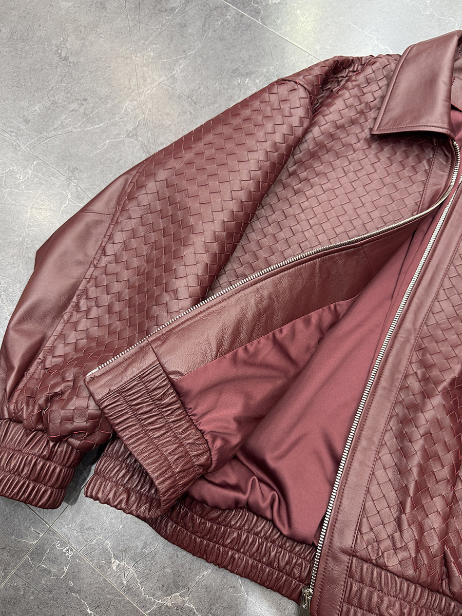Old Money Style Braided Leather Jacket Loose Fit