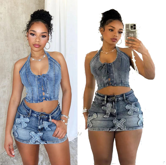 Denim Halter Lace-Up Vest Top for Women