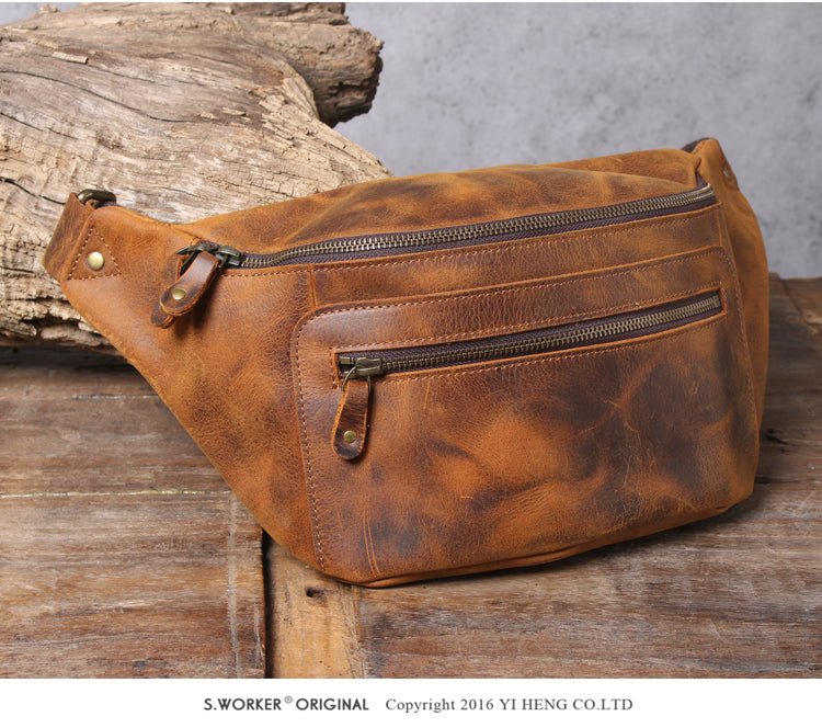 Men’s Crazy Horse Leather Chest Bag Waist Messenger
