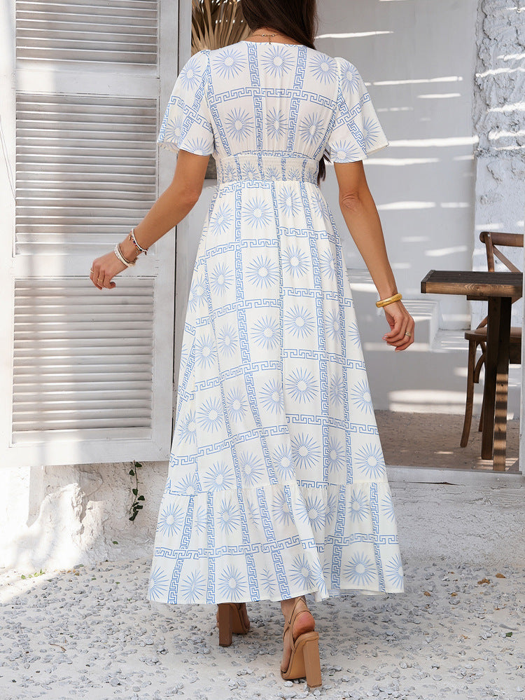 White Floral Maxi Dress With Blue Sun Pattern