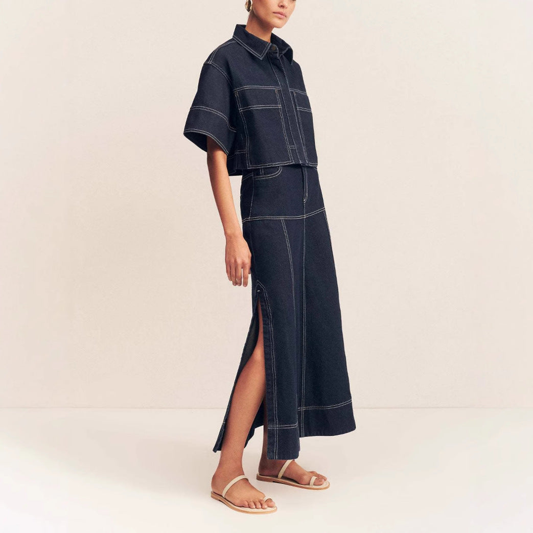 Women’s Denim Two Piece Set Skirt with Slit and Pocket Shirt