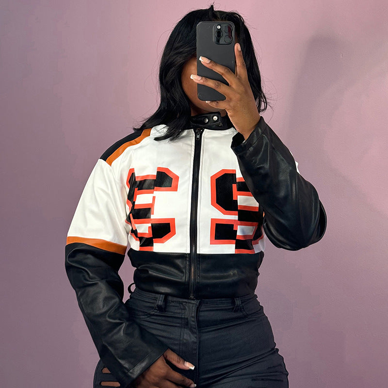 Cropped Faux Leather Bomber Jacket With Patch