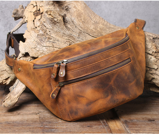 Men’s Crazy Horse Leather Chest Bag Waist Messenger