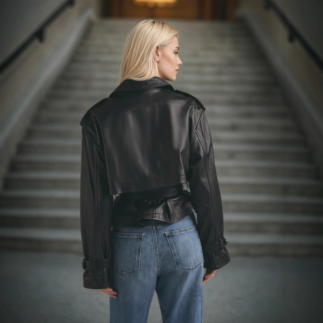 Women’s Faux Leather Belted Short Jacket Black Cropped