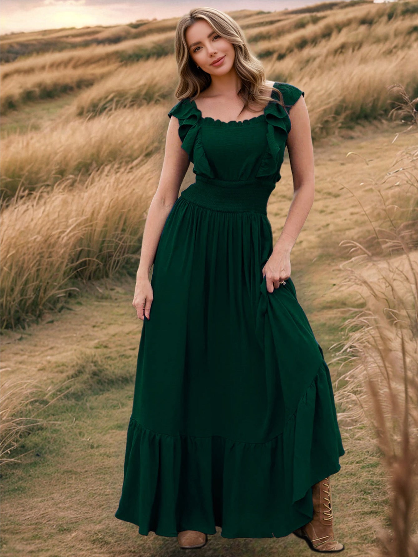 Green Ruffle Maxi Dress for Petite Women Wedding Gown
