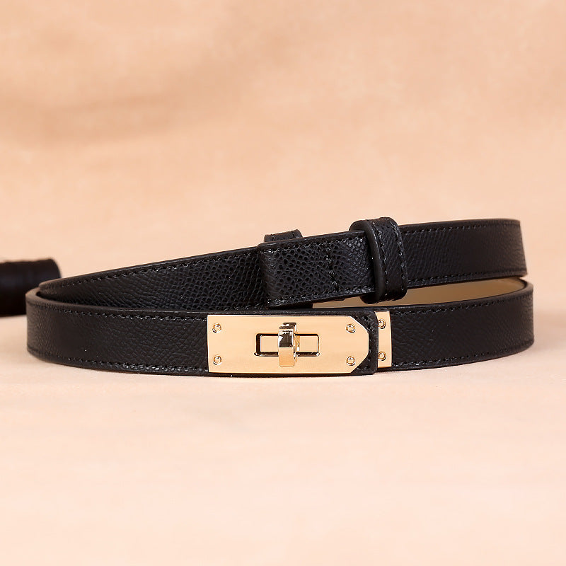Slim leather belt for women with gold buckle