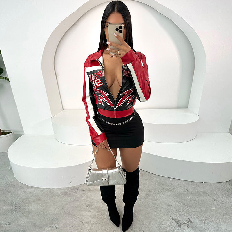 Red Faux Leather Bomber Jacket Women Moto Style