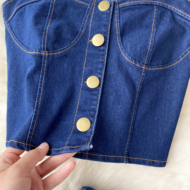 High Waist Denim Two Piece Skirt Set with Bustier Top for Women