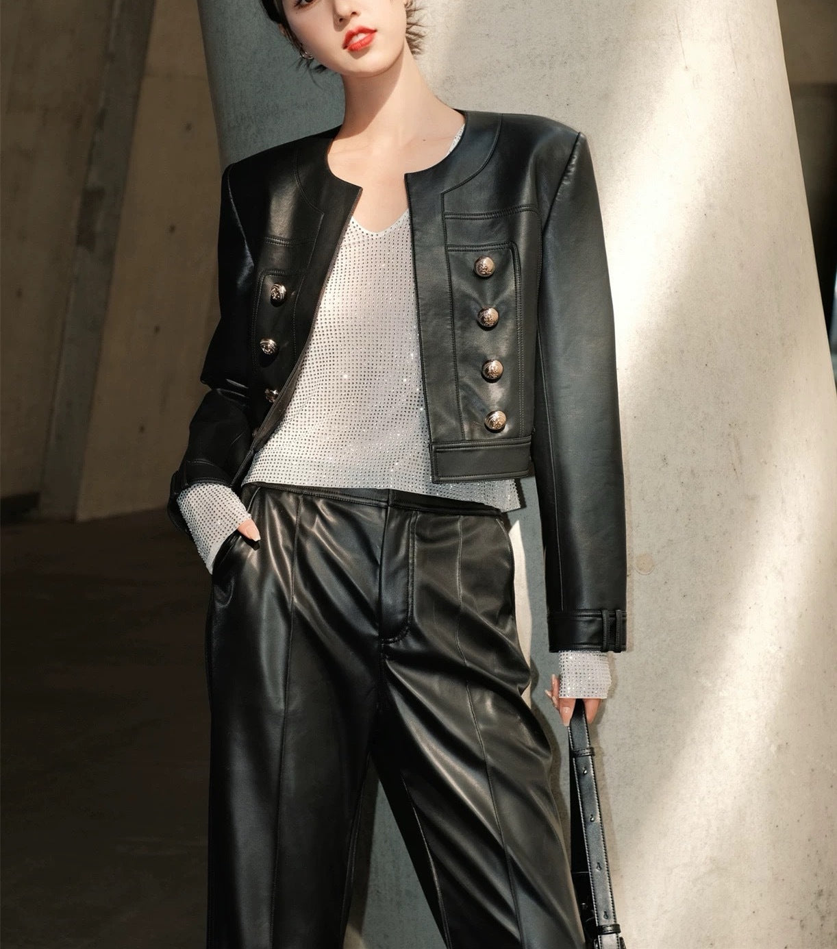 Women Cropped Leather Jacket Round Neck with Gold Buttons
