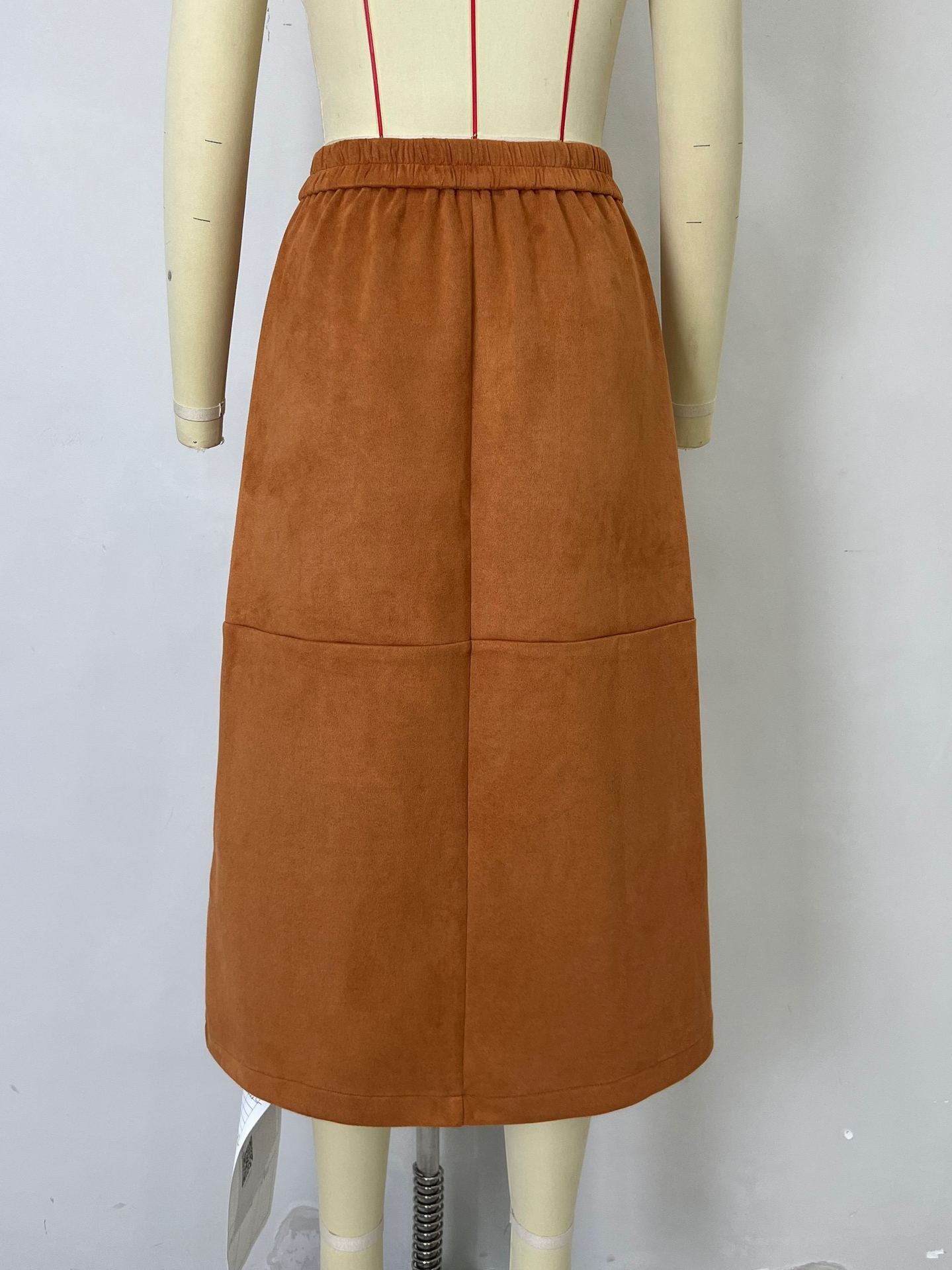 Corduroy Midi Skirt High Waist Button Front Brown A-Line