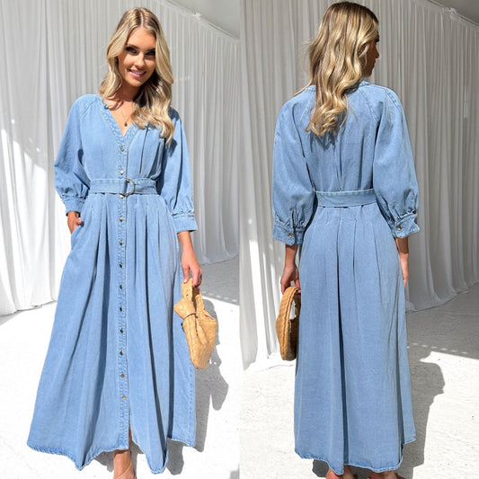Denim Long Dress Women Button Front Belted V Neck Midi
