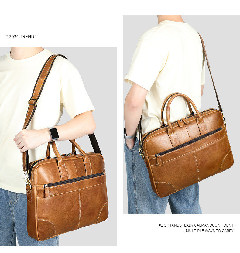 Genuine Leather Briefcase Bag with Trolley Sleeve